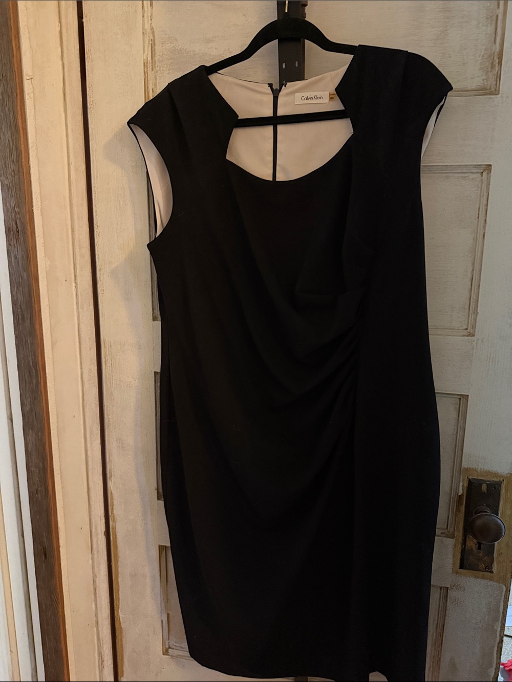 Calvin Klein Black Cap-Sleeve Draped Sheath Dress with Back Cutout